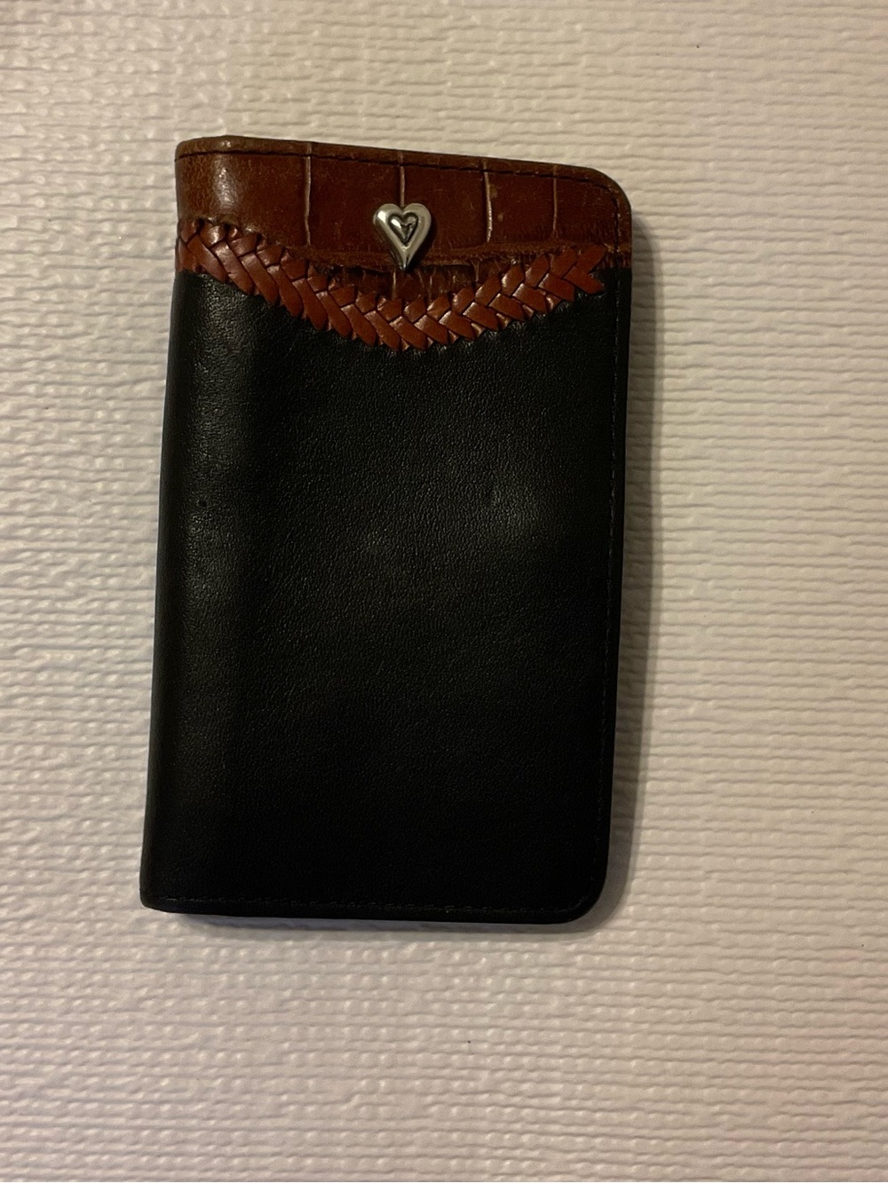 Brighton Black Leather Phone Wallet with Brown Braided Accent and Heart Charm